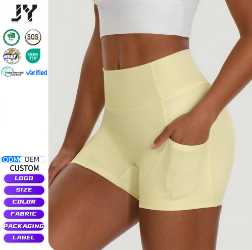 JY 2026 New Solid Nylon Spandex Yoga Tight Shorts with Side Pocket for Woman High Waist Quick Dry Sports Fitness Running Shorts