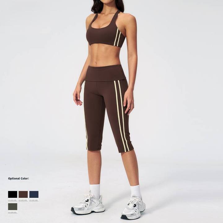 JY New Arrival Slimming Fashionable 2-Piece Back Yoga Set Quick-Dry Spandex/Polyester Color Blocking Striped Design Knee-Length
