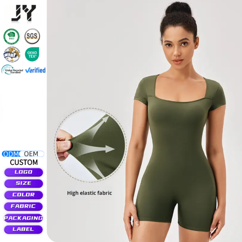 JY 2026 New Yoga Jumpsuit Women's Short Sleeve Sports Jumpsuit Square Neck Training Bodysuit for Running Fitness Tight Fitting