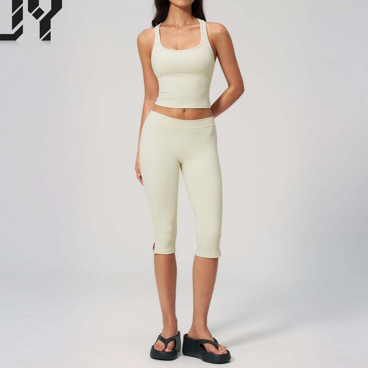 Hot-Selling Brushed Yoga Set Workout, and Casual Set for Women Outdoor Running Sports Tank Top + Capri-Length Pants Set