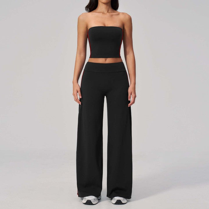 Hot-Selling Strapless Bandeau Top and High-Waisted Wide-Leg Pants Yoga Set: Back-Flaunting, Stylish, and Fitness-Friendly