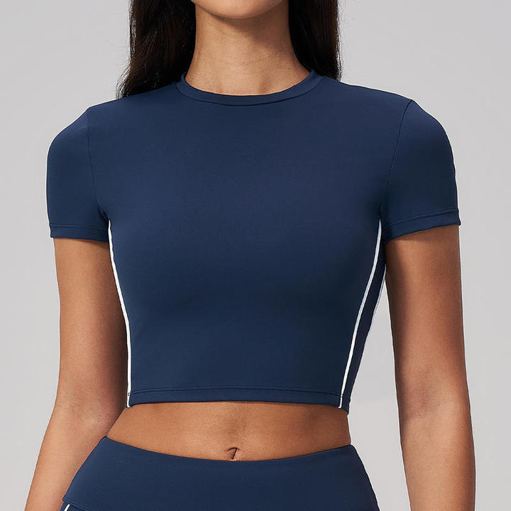JY 2026 High Quality Contrast Color Women's Yoga Summer T-shirt Tight Short Sleeved Fitness Top Casual Outdoor Running for Sport