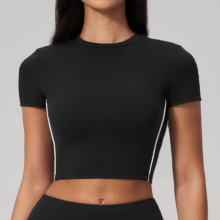JY 2026 High Quality Contrast Color Women's Yoga Summer T-shirt Tight Short Sleeved Fitness Top Casual Outdoor Running for Sport