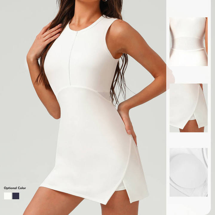 JY High Elasticity Breathable Mesh Tennis Dress Zipper Tennis Dress with Built in Shorts and Bra Fashionable Women Sport Dress