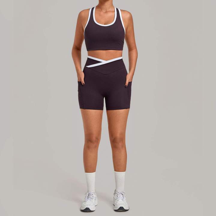 JY Custom Logo V-shape High Waist Gym Clothing Workout Yoga Suit Shorts Fitness Women Training Singlets Exercise Sportswear Set