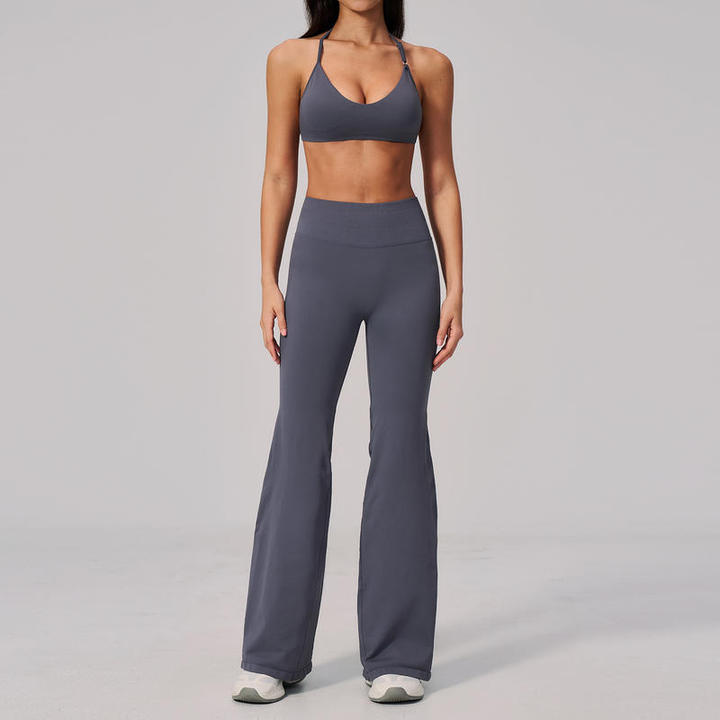 JY Custom Logo Women's Seamless Halter Sports Bra Backless Quick Dry Hip Lifting Wide Leg Pants Outdoor Yoga Fitness Tracksuit