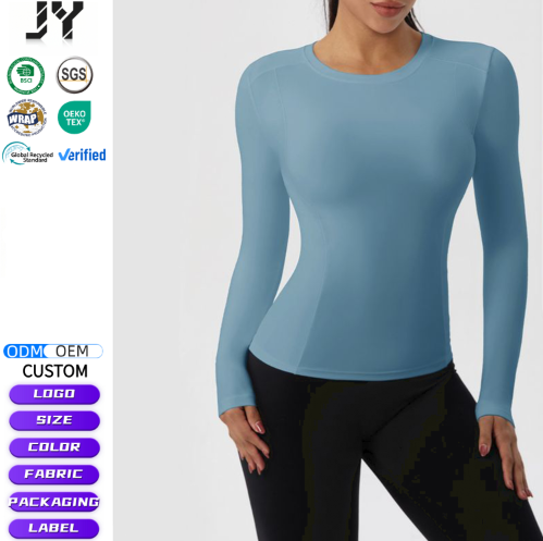 JY 2026 Women's Running Compression Yoga Shirts Long Sleeve Crew Neck Slim Fitted Breathable 4-Ways Stretch Workout Gym Dry Fit