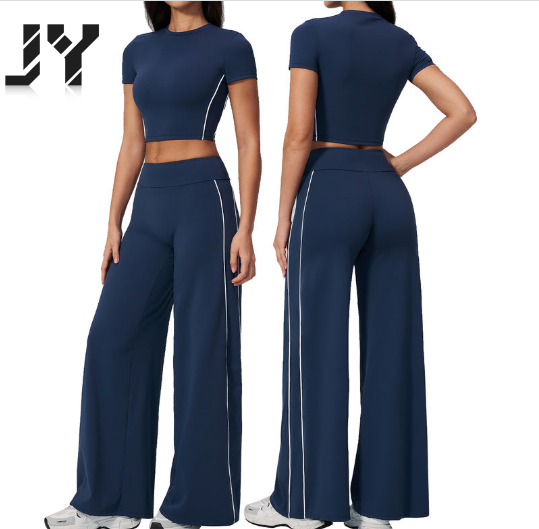 JY Naked Feeling Women Yoga Set 2Piece Tracksuit High Waisted Wide Leg Pants with Short Sleeve Crop Top Gym Workout Athletic Set