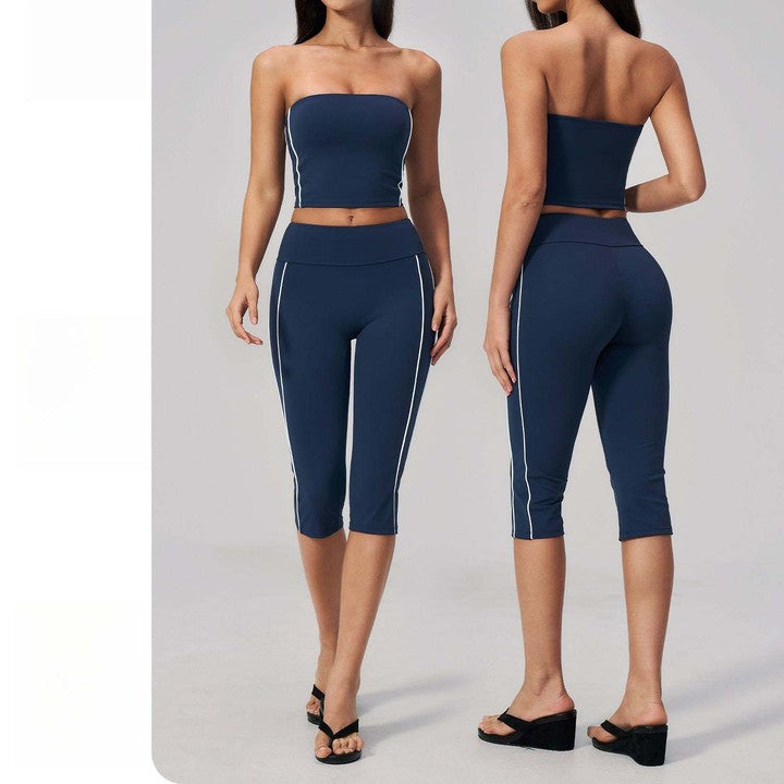 Women's Brushed Color-Blocked Strapless Two-Piece Yoga Set with Strapless Yoga Bra and High-Waisted Capri Pants