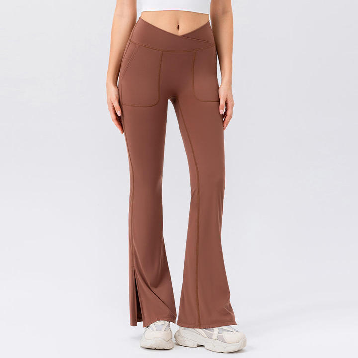 JY 2026 Custom Logo Breathable Nude V Shape Butt Lift Side Slit Flare Leg Pants Yoga Dancing Fitness Flared Pants With Pocket