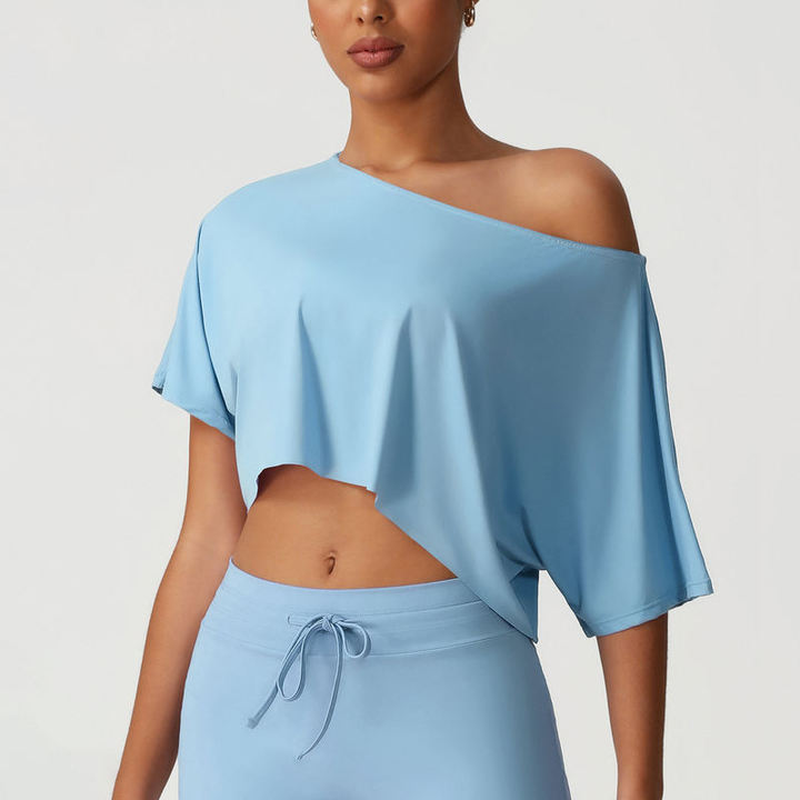 JY Slim Fit Short Sleeve Fitness T-Shirt Tops Women's Solid-Colour One-Shoulder Batwing Sleeve Casual Ruffled Short-Sleeved Top