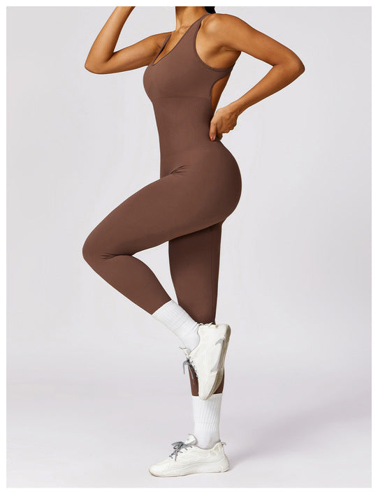 Women's Solid Color Four-Way Stretch Breathable Quick Dry Spandex/Polyester Racerback Crew Neck Yoga Fitness Jumpsuit Bodysuit