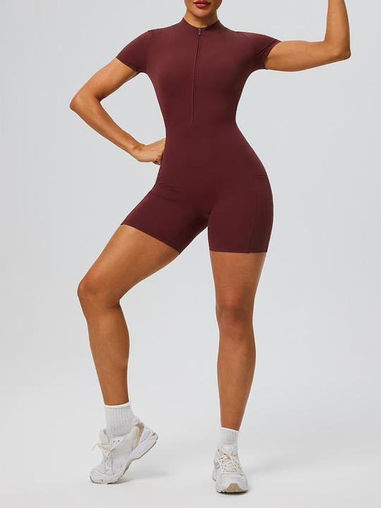 JY 2026 New Summer Yoga Jumpsuit for Women Half Zip Short Sleeve One Piece Workout Romper Side Pocket Stretchy Athletic Bodysuit