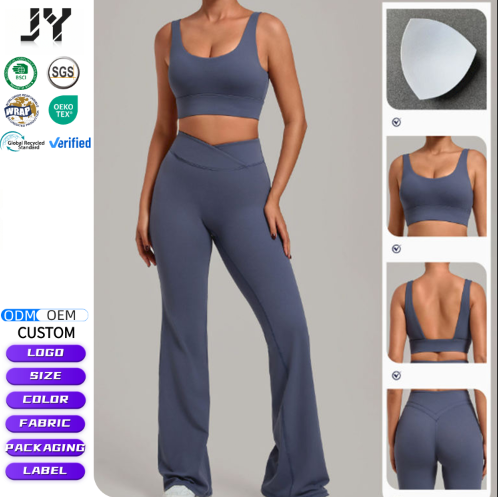 JY Summer Breathable Tight I-shaped Sports Gym tank Tops Workout Leggings with Pockets Sets Running Yoga Fitness Two-piece Set