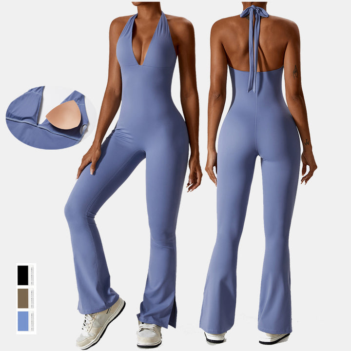 New Bodycon Workout Women Gym Jumpsuit Breathable One Piece Deep-v Neck Halter Straps Sport Jumpsuit for Pilates