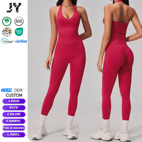 JY Custom Logo Women Seamless Sports Set Halter V Neck Tank Top Backless Peach Hip High Stretch Leggings for Yoga Fitness Outfit