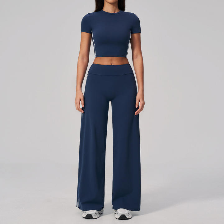 Wholesale Women's High-Waisted Flared Athletic Pants, High-Quality Short-Sleeve Fitness Top Sets, New Gym and Yoga Sets