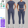 JY Custom Logo Breathable Quick Dry Yoga Sports Sets Elasticity Short Sleeve High Waist Butt Lift Pockets Tight Leggings Pants