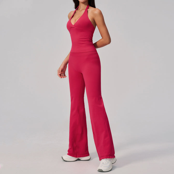 Joyyoung Women's Fitness Two-Piece Set High Waist Flare Yoga Leggings Casual Wear Gym Sports Workout Halter Neck Bra Set