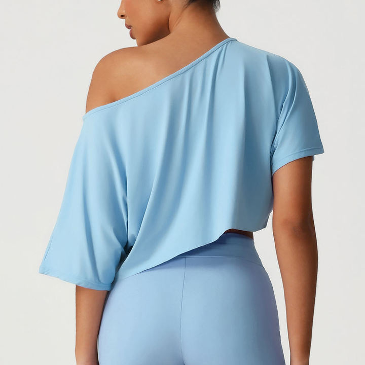JY Slim Fit Short Sleeve Fitness T-Shirt Tops Women's Solid-Colour One-Shoulder Batwing Sleeve Casual Ruffled Short-Sleeved Top