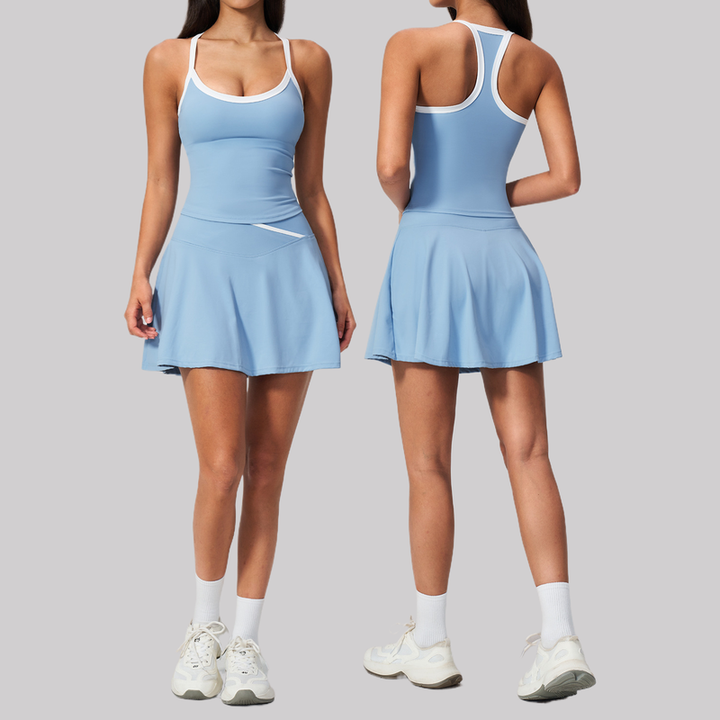 JY Custom Logo Comfortable Solid 2-Piece New Dress Naked Sports Outdoor Short Skirt Anti Glare A-line Yoga Dress Set for Women