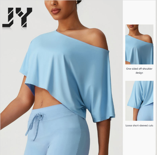 JY Slim Fit Short Sleeve Fitness T-Shirt Tops Women's Solid-Colour One-Shoulder Batwing Sleeve Casual Ruffled Short-Sleeved Top