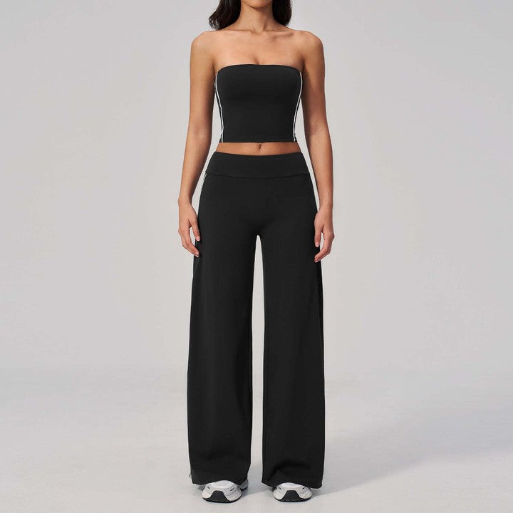 Hot-Selling Strapless Bandeau Top and High-Waisted Wide-Leg Pants Yoga Set: Back-Flaunting, Stylish, and Fitness-Friendly