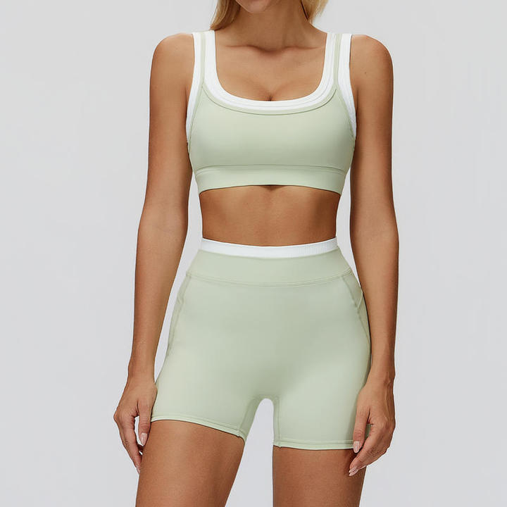 JY Sports Shorts Bra for Women High Support Ribbed Color Block Stylish Dual Layer Workout Yoga Fitness Running Gym Activewear
