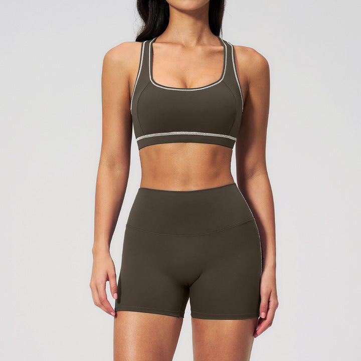 Joyyoung Soft Stretchy Yoga Set Piping Trim Women's 2 Piece Fitness Suit Aesthetic Contouring Racerback Bra and Biker Short Set