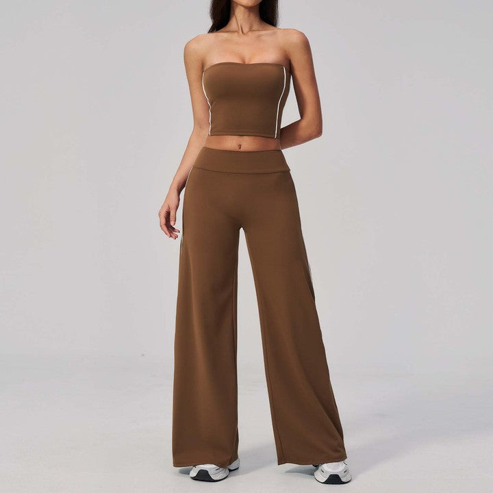 Hot-Selling Strapless Bandeau Top and High-Waisted Wide-Leg Pants Yoga Set: Back-Flaunting, Stylish, and Fitness-Friendly