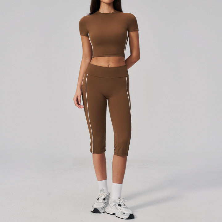 Joyyoung High Quality 2 Piece Yoga Set Short Sleeve Crop Top & High Waist Capri Leggings with Contrast Stripes for Gym Workout