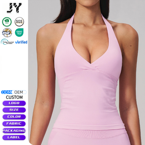 JY New Arrival Seamless Halter Stand Neckline V-Neck Solid Fashion Spandex Gym Sports Top Shockproof Slim Fit Backless Yoga Top
