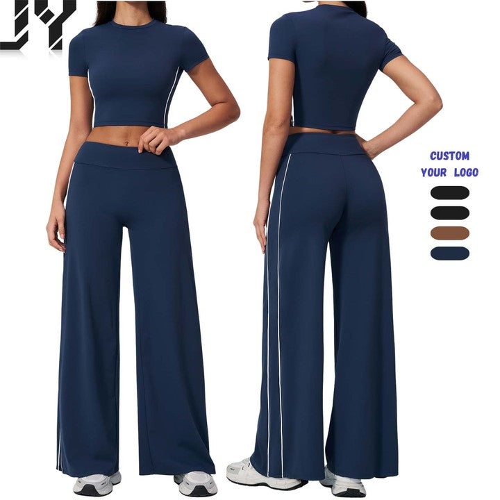 Wholesale Women's High-Waisted Flared Athletic Pants, High-Quality Short-Sleeve Fitness Top Sets, New Gym and Yoga Sets