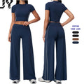 Wholesale Women's High-Waisted Flared Athletic Pants, High-Quality Short-Sleeve Fitness Top Sets, New Gym and Yoga Sets