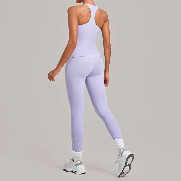 JY Summer Breathable Tight I-shaped Sports Gym tank Tops Workout Leggings with Pockets Sets Running Yoga Fitness Two-piece Set