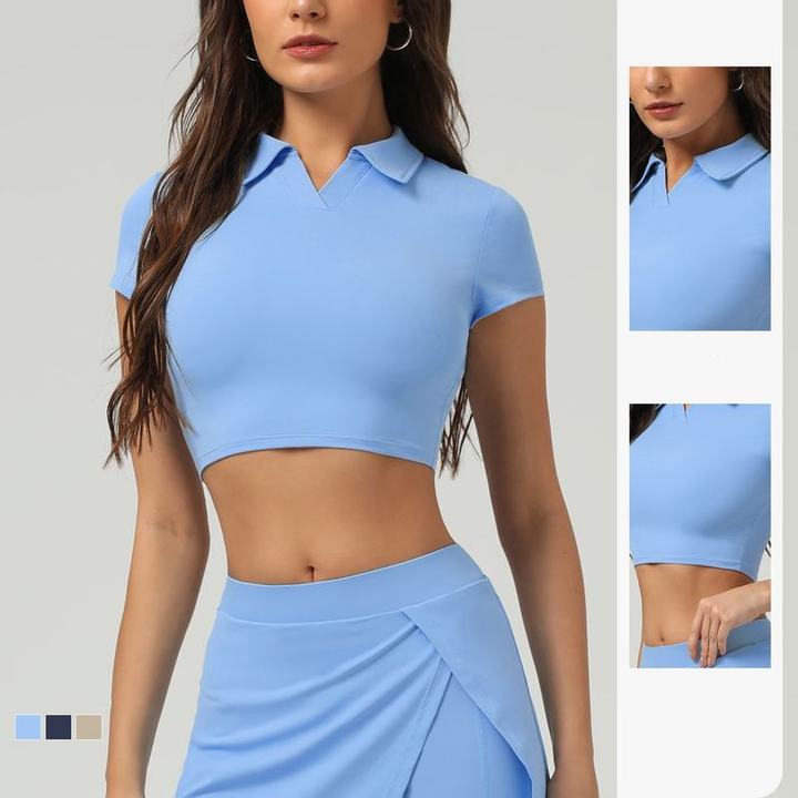 JY Short Sleeve Classic Tennis Style Short Sleeve Polo T Shirt Women's Golf Clothes Slim Fit Women Tennis Wear Yoga Crop Tops