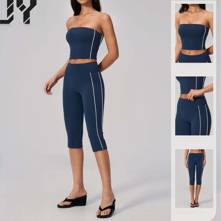 Women's Brushed Color-Blocked Strapless Two-Piece Yoga Set with Strapless Yoga Bra and High-Waisted Capri Pants