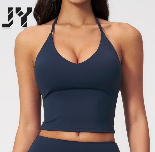 JY 2026 High Quality Women's Halter V-Neck Yoga Tank Top Longline Sports Bra with Built-in Pads Slim Fit Design Casual Workout