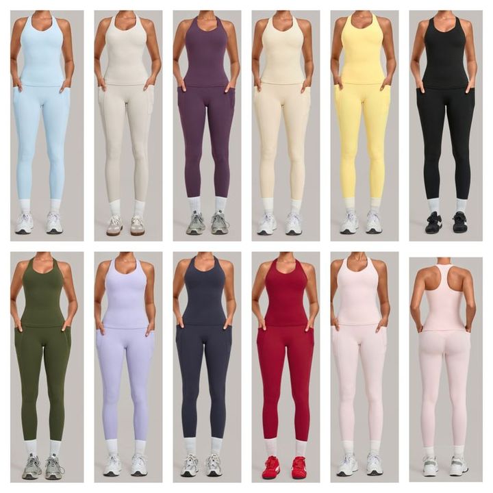JY Summer Breathable Tight I-shaped Sports Gym tank Tops Workout Leggings with Pockets Sets Running Yoga Fitness Two-piece Set
