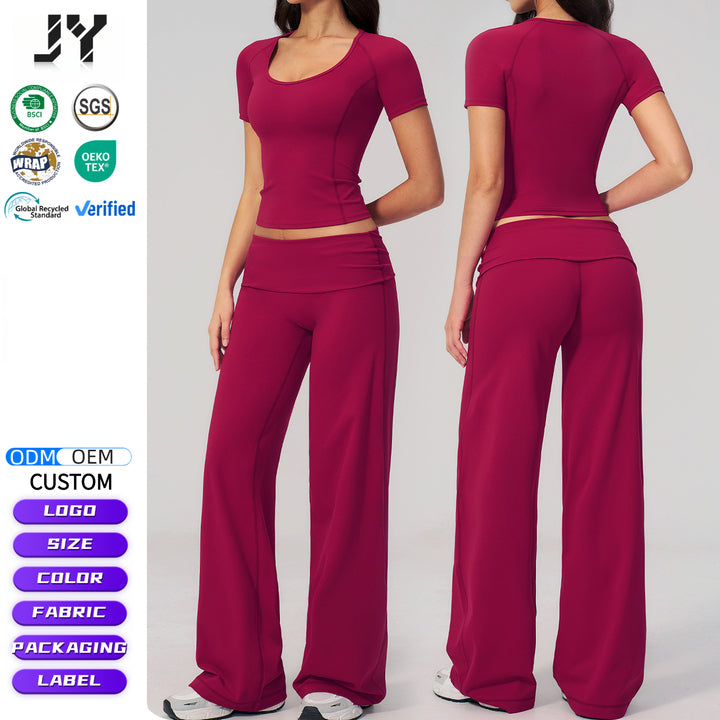 Joyyoung Women's Sportswear Outdoor Brushed Short Sleeves High Waist Tight Gym T-shirt Track Pants Workout Sets for Women