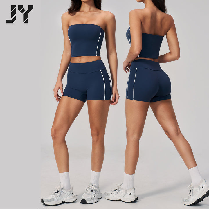 Joyyoung Women's Tube Top High Waist Shorts Elastic Waist Gym Fitness Sportswear Active Wear Set for Yoga Fitness & Sports