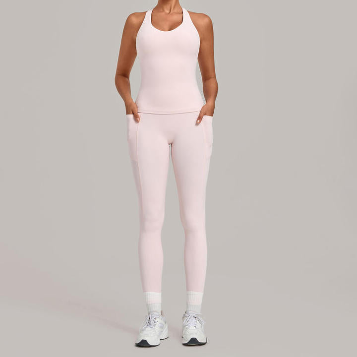 JY Summer Breathable Tight I-shaped Sports Gym tank Tops Workout Leggings with Pockets Sets Running Yoga Fitness Two-piece Set