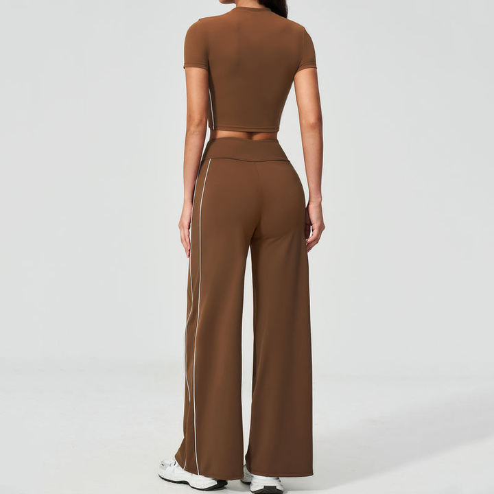 JY Naked Feeling Women Yoga Set 2Piece Tracksuit High Waisted Wide Leg Pants with Short Sleeve Crop Top Gym Workout Athletic Set