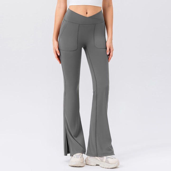 JY 2026 Custom Logo Breathable Nude V Shape Butt Lift Side Slit Flare Leg Pants Yoga Dancing Fitness Flared Pants With Pocket