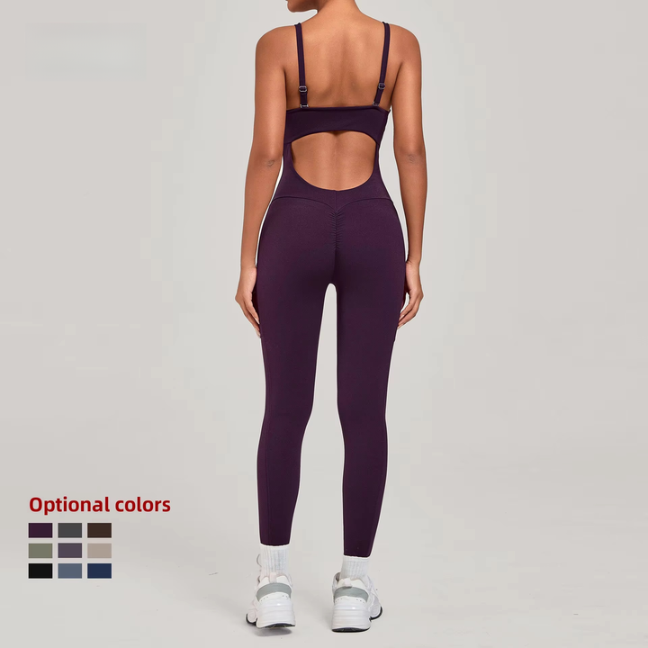 JY Athletic Yoga One Piece Sport Bodysuit Women Tummy Control Running Fitness Jumpsuit with Pockets Scrunch Butt Gym Wear