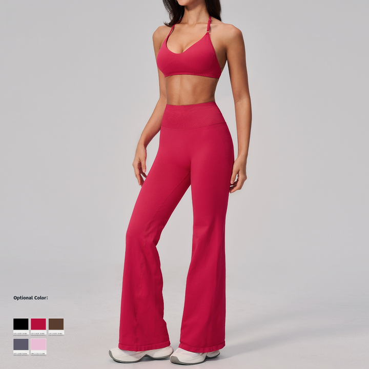 JY Custom Logo Women's Seamless Halter Sports Bra Backless Quick Dry Hip Lifting Wide Leg Pants Outdoor Yoga Fitness Tracksuit
