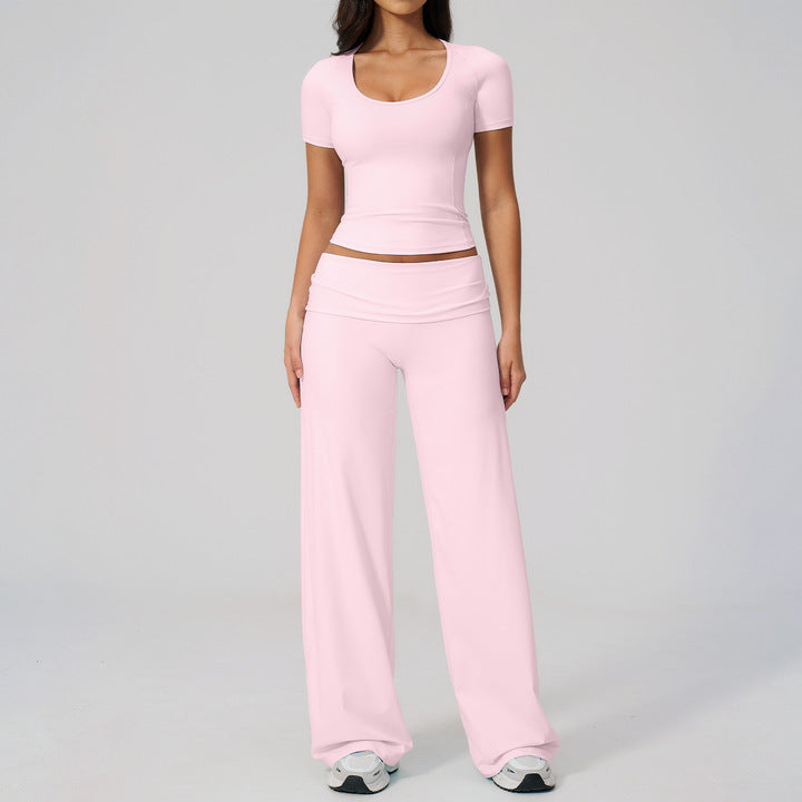 Joyyoung Women's Sportswear Outdoor Brushed Short Sleeves High Waist Tight Gym T-shirt Track Pants Workout Sets for Women