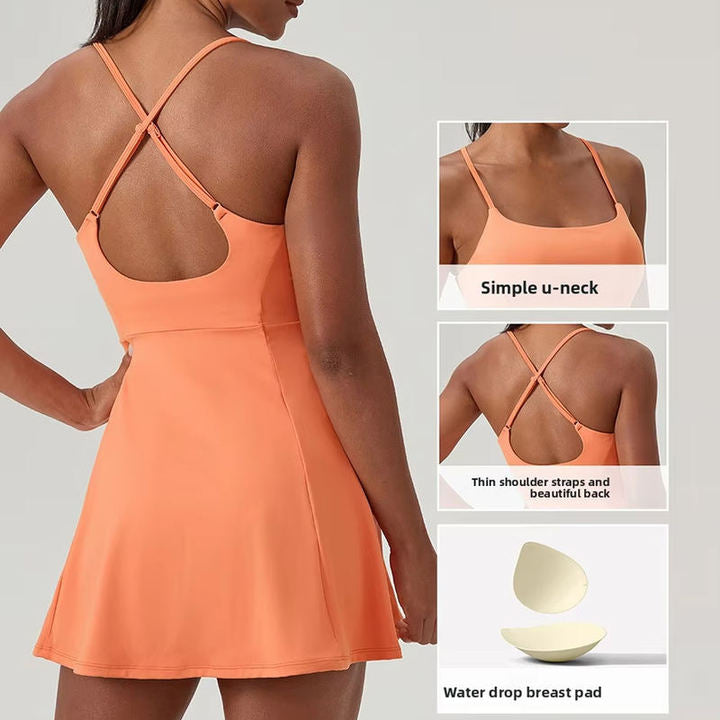 JY Brushed Breathable Athletic Dress Women U-Neck Crisscross Back Design Removable Padding Workout Tennis Dress No Inner Shorts