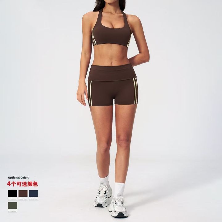 JY Summer New Arrival Women's 2-Piece Color Block Yoga Set, High Support Halter Racerback Sports Bra & Butt Lifting Biker Shorts