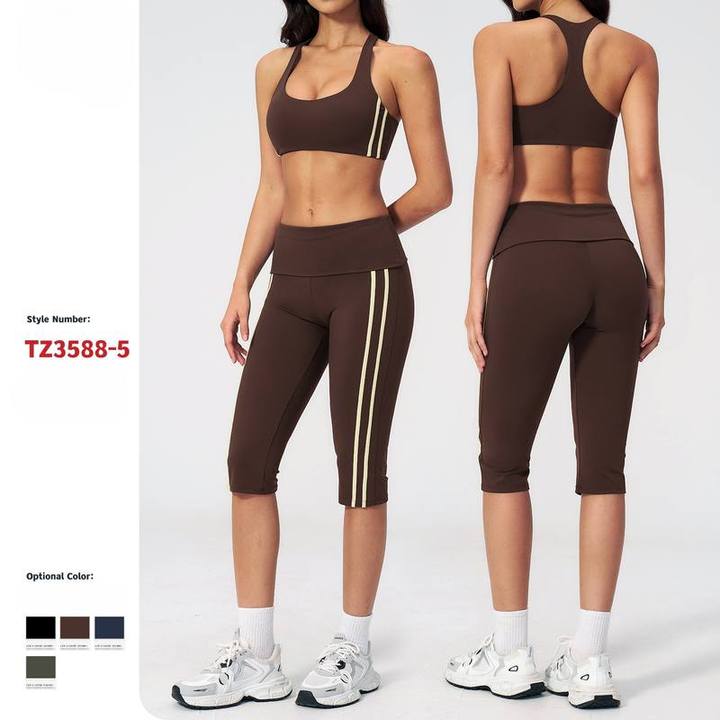 JY New Arrival Slimming Fashionable 2-Piece Back Yoga Set Quick-Dry Spandex/Polyester Color Blocking Striped Design Knee-Length